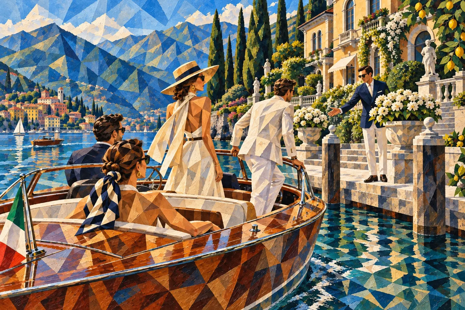 ARRIVING AT COMO — neo-cubist composition by MAREA. Lake Como, early afternoon.