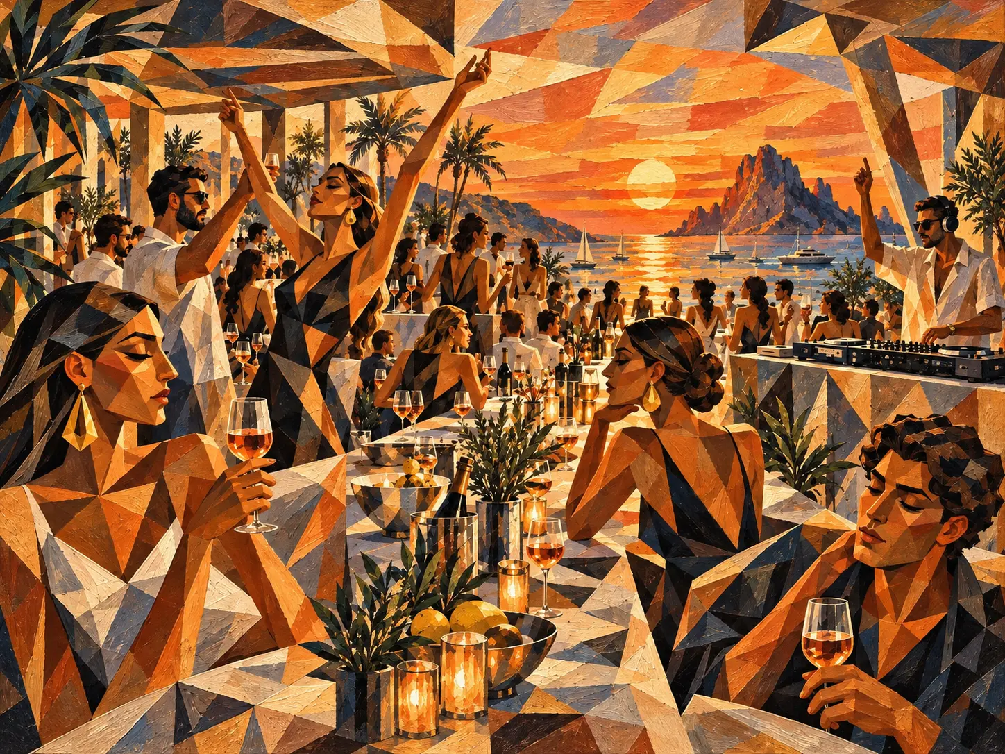 LAST SUNSET — neo-cubist composition by MAREA. Ibiza, golden hour.